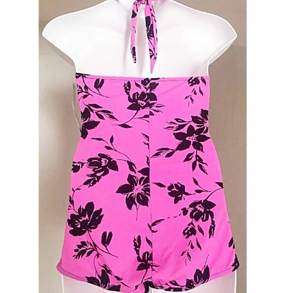 SLIMSHAPER Pink Black 1 Piece Halter Sheered Front control panel Size 16 - Picture 2 of 11